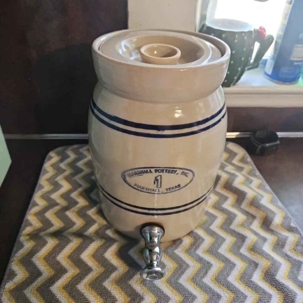 Stoneware Beverage Dispenser - Cream with Blue Stripes